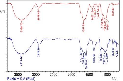 Figure 7. FTIR spectra of PS (red line), PS loaded with CV (blue line).