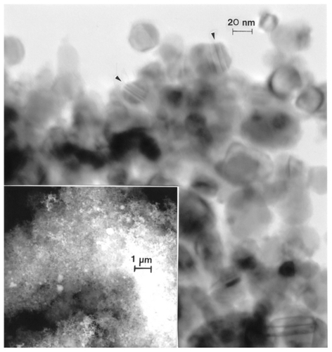 Figure 12 Transmission electron microscopy image for nano-Ni powder with fieldemission scanning electron microscope insert showing nanoparticulate aggregation. The features noted by arrows are microstructural twins in the particles.