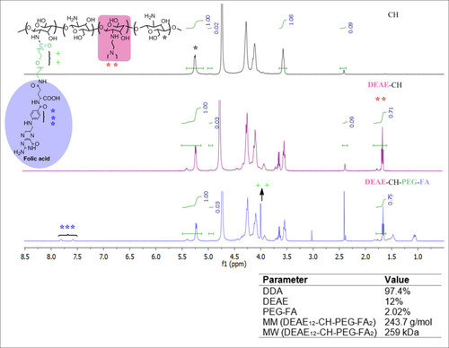 Figure 1 Chemical structure and characterization of DEAE12-CH-PEG-FA2 modified CH. DEAE12-CH-PEG-FA2 chemical structure (left-top). 1H-NMR spectrum of deacetylated CH (right-top panel, DDA 97.4%), DEAE12-CH (middle panel) and DEAE12-CH-PEG-FA2 (right-bottom panel). DEAE12-CH-PEG-FA2 properties (right-bottom).