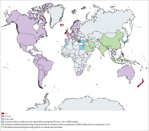 Figure 1. Annual incidence per 100,000 people of serogroup B invasive meningococcal disease worldwide from Jan 1, 2000, to March 1, 2015 (28). Footnote: authorization obtained by Lancet Infectious Diseases, license number 4253831337542.