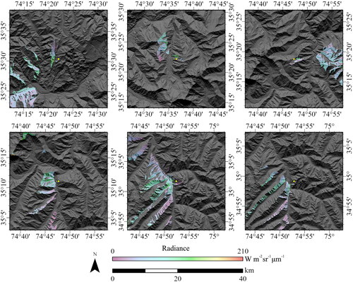Figure 3. Moderate sized (50−60 km2) terrain source areas for 6 target pixel locations over the Nanga Parbat Massif. The yellow dot in the center of each location is the target pixel. Reflected surface radiance values from the green portion of the spectrum (λ=0.56141 µm) that contribute to the target pixel defines the geographic distribution of terrain source areas.
