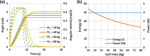 Figure 11. Results for variations to the leaf mass, m L, (a) Revolving door angular rotation (solid lines) and angular velocity (dashed lines) (b) Total energy generation potential and average power output.