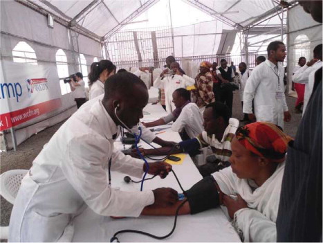 Fig. 1 Medical students taking blood pressure measurements during a medical camp in Nairobi, Kenya.