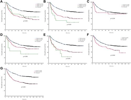 Figure 1 The relationship between the inflammation-based scores and overall survival in HCC patients in the primary cohort: (A) GPS, (B) mGPS, (C) NLR, (D) PLR, (E) PI, (F) PNI and (G) LCR.