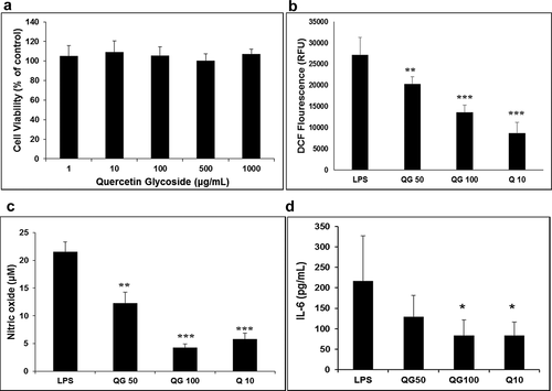 Figure 6. Inhibition of LPS induced inflammatory response by QG in RAW 264.7 cells. The effect of QG on cells’ viability at various concentrations (1–1000 µg/mL) was confirmed by MTT assay (a). Cells were pre-incubated with 50, and 100 µM of quercetin glycoside (QG50 and QG100) for 30 min, followed by stimulation with LPS, and the levels of ROS (b), NO (c), and IL-6 (d) were measured. Quercetin at 10 µM (Q10) was used as a positive control. *P < .05, **P < .01, ***P < .001 vs. LPS