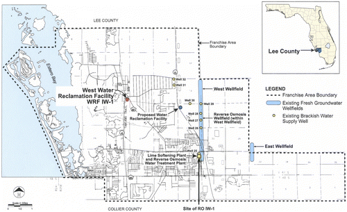 Fig. 1. Map showing the location of the Bonita Springs Utilities BWRO facility and the wellfield and wells that are used to obtain feed water.