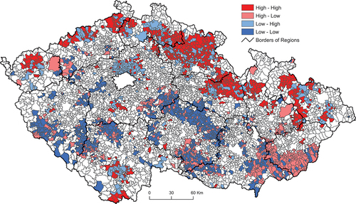 Figure 4. Bivariate Moran’s I cluster map of support distribution for Dawn (2013) with VV (2010).