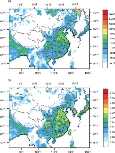 Fig. 4 (a) OC and (b) xylene emission (mg m−2 day−1) averaged over July 2006.