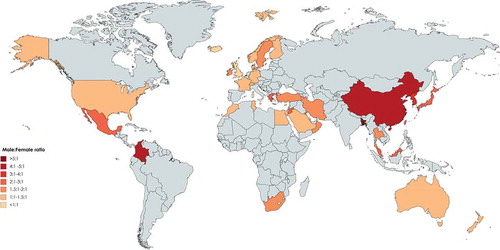 Figure 4. Proportion of male to female ratio among different registries of patients with primary immunodeficiency in the world. (Gray color represents countries without registry or without appropriate report).