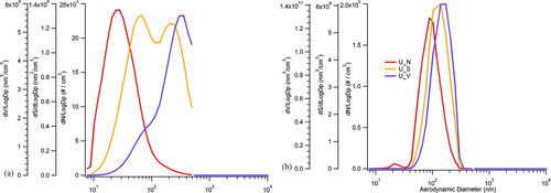 FIG. 4 Size distribution with respect to averaged particle number concentration (N), surface area (S), and volume (V) of (a) ambient particulate matter (APM) and (b) concentrated ambient particulates (CAP), based on FMPS data during characterization of the ultrafine concentrator on March 3. X-axis is on log scale. (Color figure available online.)