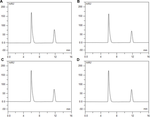 Figure 5 Typical chromatograms of fentanyl citrate and naloxone hydrochloride admixtures on study 72th hour. Mixtures stored at 25°C in glass containers (A) and polyolefin bags (B); Mixtures stored at 4°C in glass containers (C) and polyolefin bags (D). Fentanyl citrate elutes at 6.21 min (peak 1) and naloxone hydrochloride at 11.97 min (peak 2).