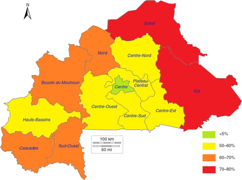 Fig. 5 High-risk births distribution by region among children born between 2003 and 2008 in Burkina Faso.