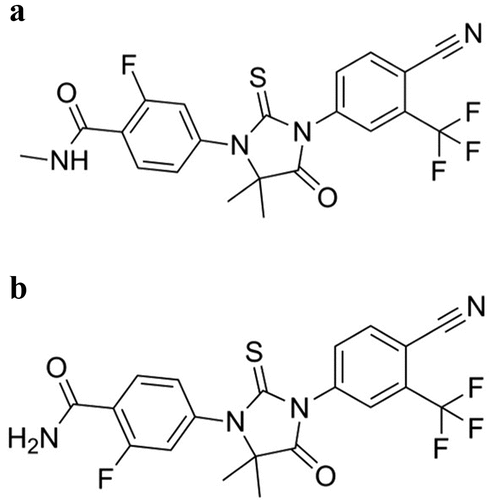 Figure 3. Enzalutamide (a) and N-desmethyl enzalutamide(b).
