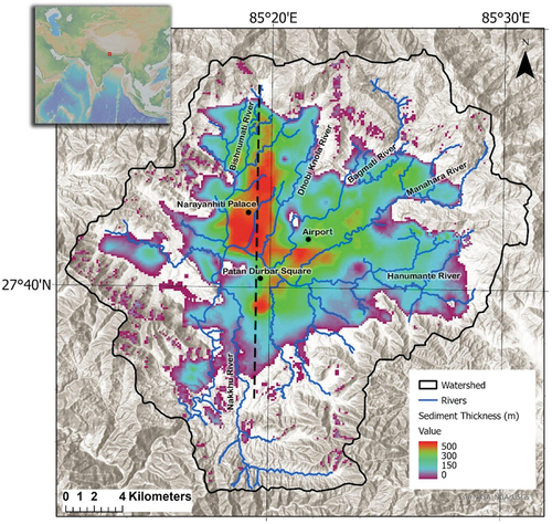 Figure 1. Map of the Kathmandu Valley. The black contour is the valley watershed. The dark blue network is the major rivers in the valley. The sediment thickness is up to 500 m. The black dashed line is a proximate location of the schematic cross-section shown in Figure 2. The inset location map is made with GeoMapApp (www.geomapapp.org) (Ryan et al. Citation2009). The sediment thickness data are from JICA (Citation2018). The river network shapefile is from Thapa et al. (Citation2022), which is sourced from the department of survey in Nepal.