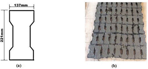 Figure 1. (a) Schematic of dog-bone mold (b) fresh mixture in mold.