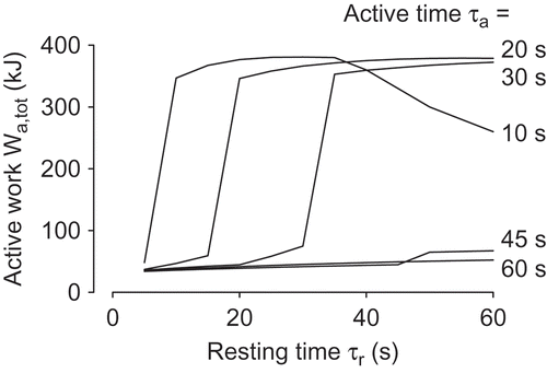 Figure 5. Simulations of interval tests, with Pa=500 W, Pr=250 W. Work produced during active intervals as functions of rest period lengths τr for various active interval lengths τa. Parametric case (a), Table 1, and infinite fuel supply. Total exercise time limited to 1 h.