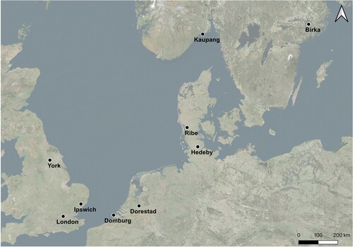 Fig 1 Map of North Sea emporia and Birka (the Channel sites of Hamwic/Southampton and Quentovic have not been included). Background imagery © Bing.