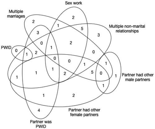 Figure 1. Venn diagram showing characteristics related to HIV transmission risk of the study participants. Possible HIV transmission risks were not identified in four participants.