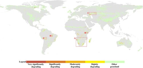 Figure 4. Distribution of global grassland degrading areas in different degrees from 2000–2020 and hotspots locations: Southern Africa (region A); East African Plateau (region B); Northern Caspian Sea in Asia (region C); Eastern Brazilian plateau (region D); Northern Bolivia (region E).