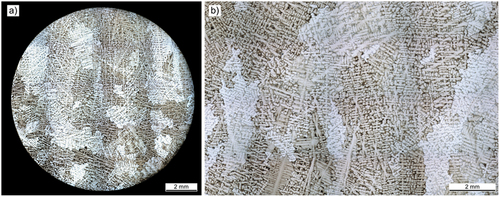 Figure 2. Optical microscope images of alloy 247 plate material: (a) cross-section (b) longitudinal section.