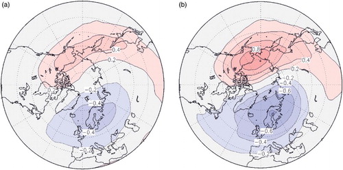 Fig. 3 Stereographic projection of mean zonal ozone anomaly (mg kg−1) at 20 hPa derived from ERA-40 reanalysis data for winter (DJF) averaged over (a) the 1960–69 period and (b) the 1990–99 period.