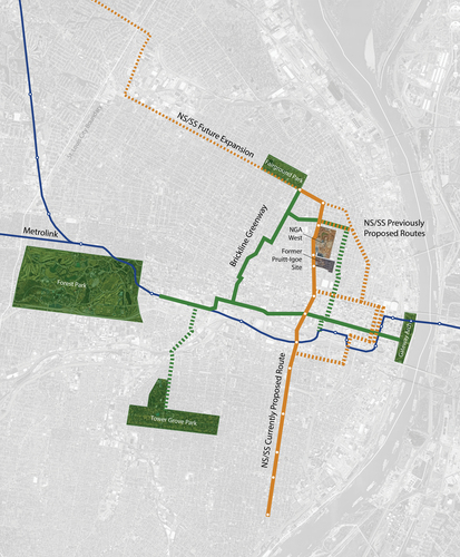 Figure 6. The Brickline Greenway and the Northside/Southside Metrolink expansion represent millions of dollars of future investment in North St. Louis. These two projects have the potential to connect North and South city to each other and to the more affluent east/west corridor. Image: Kim and Samuels.