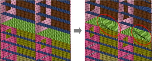 Figure 27. Collision-induced buckling of horizontal girders on the struck FPSO hull with no pneumatic rubber fenders.