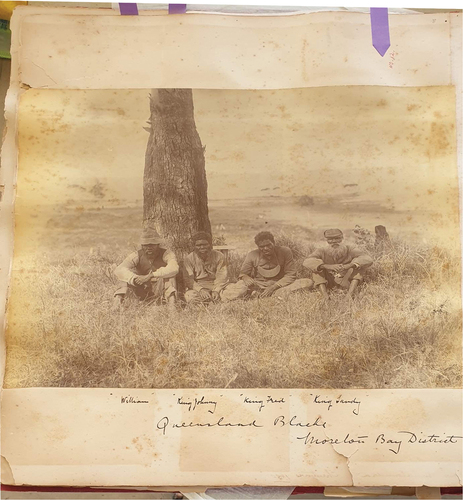 Figure 1. Page of Bancroft Album (print is sepia). “William” “King Johnny” “King Fred” “King Sandy” “Queensland Blacks – Moreton Bay District”.