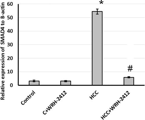 Figure 8. Effect of 5 mg/kg WRH-2412 on hepatic protein level of SMAD4. Values are expressed as the mean ± SEM, *p < 0.05 vs. control; #p < 0.05 vs. HCC group; HCC: hepatocellular carcinoma; C: control.