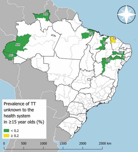 Figure 1. Trachomatous trichiasis (TT) unknown to the health system prevalence in ≥15-year-olds in evaluation units surveyed for trachoma in Brazil, 2018–9. The prevalence of trachomatous inflammation—follicular was <5% in all nine EUs. AC: Vale do Juruá; AM: Sudoeste Amazonense; RR: Norte de Roraima; PA: Nordeste Paraense; MA: Leste Maranhense; BA: Vale São Franciscano da Bahia; AL: Sertão Alagoano; PE: Sertão Pernambucano; CE: Noroeste Cearense. The boundaries and names shown and the designations used on this map do not imply the expression of any opinion whatsoever on the part of the World Health Organization or the Pan American Health Organization concerning the legal status of any country, territory, city or area or of its authorities, or concerning the delimitation of its frontiers or boundaries.