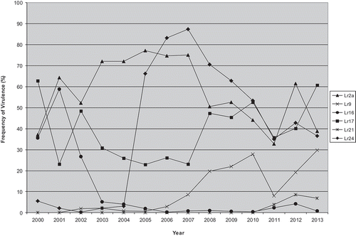 Fig. 3 Virulence frequency to leaf rust resistance genes Lr2a, Lr9, Lr16, Lr17, Lr21 and Lr24 in the Canadian Puccinia triticina population 2000–2013. Data from McCallum & Seto-Goh Citation2003, Citation2004, Citation2005, Citation2006a, Citation2006b, Citation2008, Citation2009; McCallum et al. Citation2010, Citation2011b, Citation2013, and B. McCallum (unpublished data).