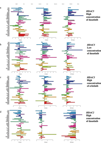 Figure 1. Examples of changes in expression of HDAC genes in response to treatment with erlotinib and dasatinib. Shown are transcriptional changes (log2FC) at 2 (left panel), 6 (middle panel), and 24 hr (right panel) after treatment. Horizontal right bars indicate elevated gene expression, whereas left bars show decreased expression relative to the untreated cell lines. As summarized in Table 1, concerted upregulation at 24 hr (shown on the right most panels) was observed for HDAC5 after treatment with (a) the high (2,000 nM) and (b) the low (100 nM) concentrations of dasatinib and (c) the high (10,000 nM) concentration of erlotinib. (d) expression changes of HDAC2 after treatment with the high concentration of dasatinib showed concerted downregulation at 6 hr (middle panel) and 24 hr (right panel). Colors represent cancer categories. The scale on the bottom represents log2 difference between expression values of treated and untreated cell lines. The scale for each microarray experiment is specific to that experiment.