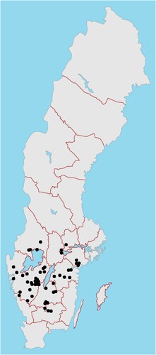 Figure 1. Location of investigated suckler cow enterprises in southern Sweden where labour time was measured.