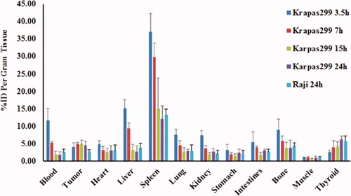 Figure 7. The biodistribution of 123I-anti-CD30-LDM in Karpas 299 and Raji tumour-bearing nude mice (data were shown as mean± SD, %ID/g, n = 5).