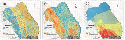 Figure 4. Spatial distribution of natural hazard susceptibility: a. floods, b. landslides and c. earthquakes.