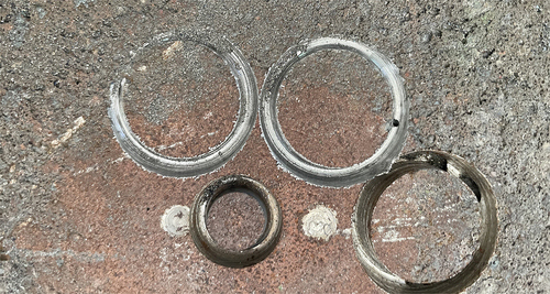 Figure 14. View of VF-08 metallic block after 3 core boring tests with ⊘25 mm tool and one (lower left) with ⊘15 mm tool.