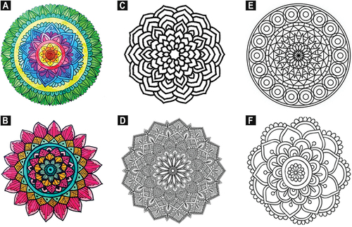 Figure 5. Mandalas colored by our participants from the online interviews P5 (A) and P4 (B), and the choice of four mandalas to color in the face-to-face interviews (C-F).