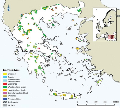 Figure 2. Map of ecosystem types at 91 mountainous sites (SACs) in Greece.