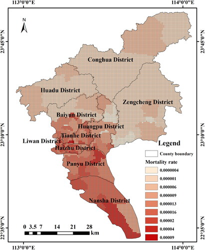 Figure 9. The grid distribution results of the mortality rate of various townships in Guangzhou.