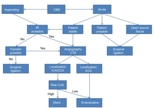 Figure 1 Management algorithm for CBS.Abbreviations: CBS, carotid blowout syndrome; CCA, common carotid artery; ECA, external carotid artery; ICA, internal carotid artery; CTA, computed tomographic angiography; CVA, cerebrovascular accident; IR, interventional radiology.