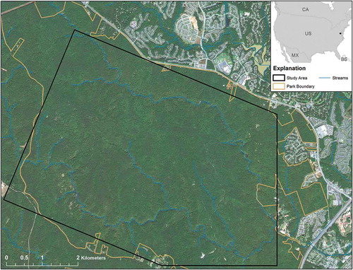 Figure 1. Study area within Prince William Forest Park in Prince William County, Virginia, USA. Mapped on Worldview-3 visible bands 5-red, 3-green, 2-blue, collected on October 6, 2014.