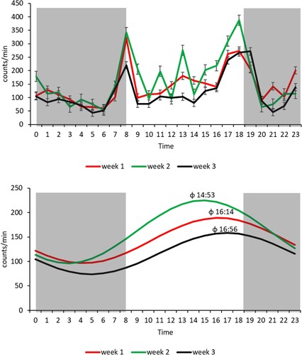 Figure 6. Mean (±S.E.) daily activity (counts/min/h) of lambs in the first, second, and third weeks of life as measured by actigraphy (upper panel), and the corresponding cosinor curves of a 24-h activity rhythm (dark areas represent night) (lower panel).