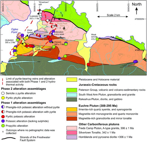 Figure 2. Geological map of the Ogles Creek–Silvertown Hydrothermal System (OSH). Mineralised rocks occur in a northeast-trending zone c. 7 km2 long on the eastern side of South West Arm. The most strongly altered and mineralised rocks are located within the ilmenite-rich granitic core of the Euchre Pluton. No mineralised rocks have been found to date within nearby parts of the adjacent Jurassic and Cretaceous units.