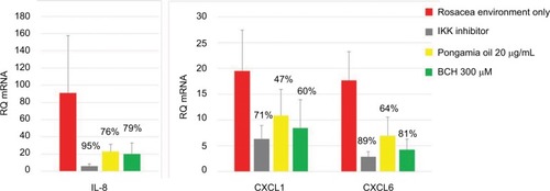 Figure 6 The RQ and percentage inhibition of IL-8, CXCL1, and CXCL6 mRNA expression after incubation of NHEK with BCH or pongamia oil for 24 hours in a rosacea environment. IKK inhibitor was used as a positive control.