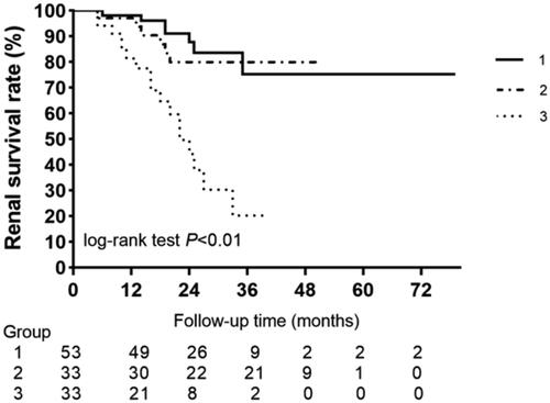 Figure 3. Kaplan–Meier curves of renal survival rate in patients with different plasma NT-proBNP concentrations. Log rank p = 0.001.