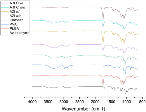 Figure 3. FTIR spectrum of all raw materials and the four spray-dried formulations.