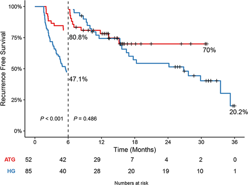 Figure 3 Landmark analysis based on recurrence-free survival of the adjuvant therapy group (ATG) and the hepatectomy group (HG).