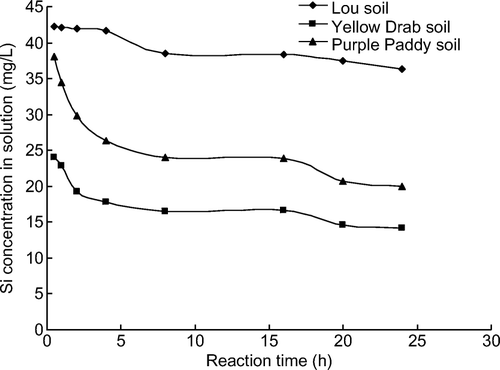 Figure 3.  Relationship between adsorption reaction time and Si concentration in the soil solution at 303 K.