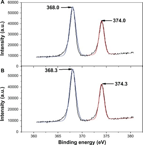 Figure 3 XPS spectra of AgNO3-NT-Ti and AgNP-NT-Ti.Notes: (A) AgNO3-NT-Ti; (B) AgNP-NT-Ti.Abbreviations: XPS, X-ray photoelectron spectroscopy; AgNO3-NT-Ti, titanium foil with a AgNO3-filled hydrogen titanate nanotube layer on the surface; AgNP, silver nanoparticle; AgNP-NT-Ti; AgNP-filled nanotube layer on the titanium foil surface; a.u., arbitrary unit.