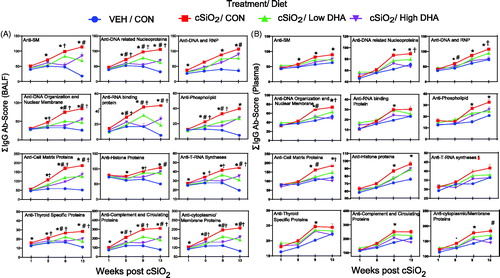 Figure 5. DHA supplementation dose dependently suppresses cSiO2-induced IgG AAb expression in BALF (A) and plasma (B) over time. Ab-score data were obtained using the microarray panel for vehicle (VEH)- or cSiO2-exposed mice fed CON, low DHA, or high DHA diets. Σ Ab-score refers to sum of Ab-scores for AAbs belonging to a particular category (Table 1). One-way ANOVA was used to compare experimental groups at selected time points followed by Tukey's HSD method as multiple comparison test. Data are mean ± SEM. Symbols indicate significant difference (p ≤ .05) as follows: * for cSiO2/CON vs. VEH/CON; # for cSiO2/CON vs. cSiO2/Low DHA; and † for cSiO2/CON vs cSiO2/High DHA.